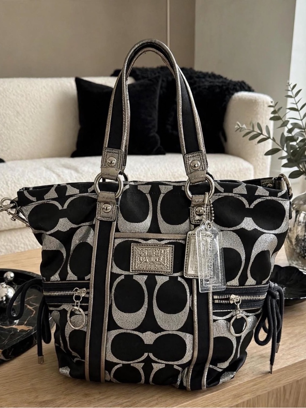 Coach Poppy Black & Silver Metallic Leather & Lurex Tote F14434 NWT